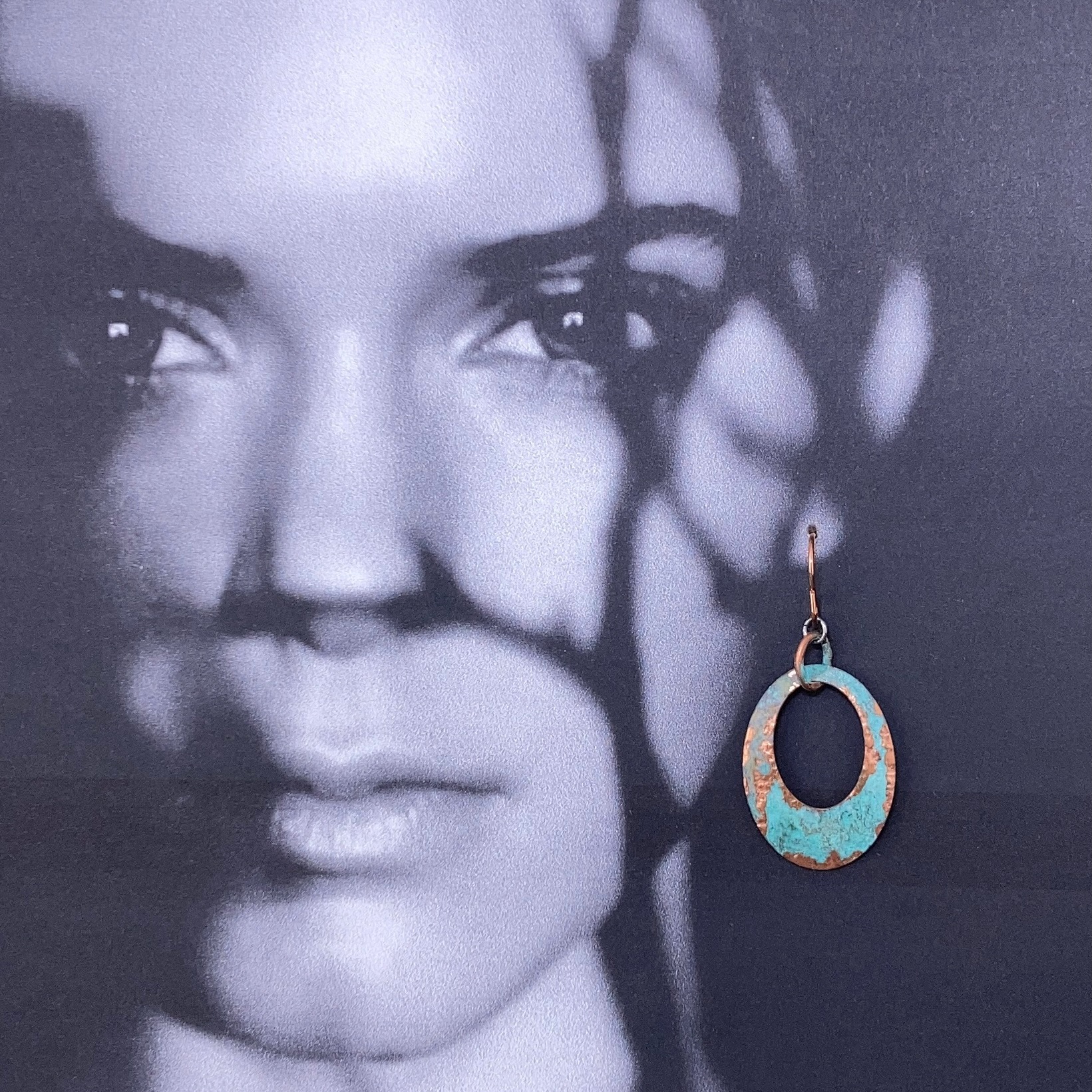 copper patina - hollow oval earrings - Image 2