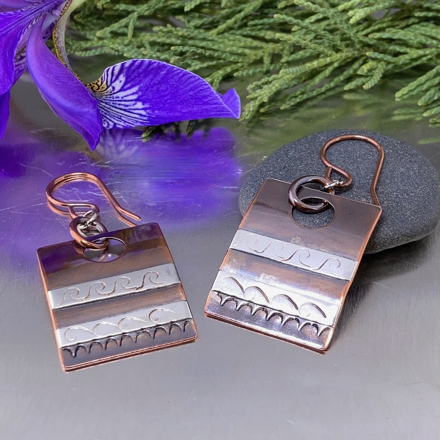 copper, Argentium silver - rectangle earrings - large antique