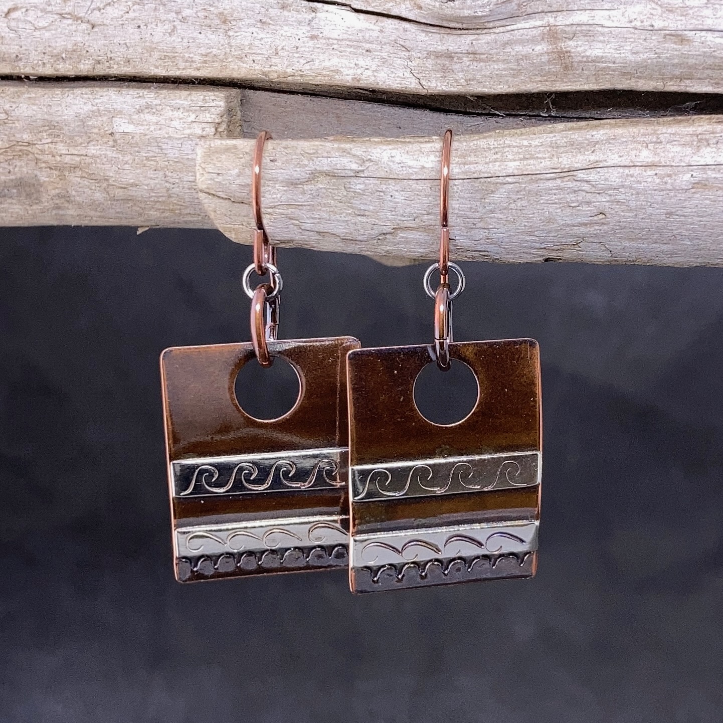 copper, Argentium silver - rectangle earrings - large antique - Image 4