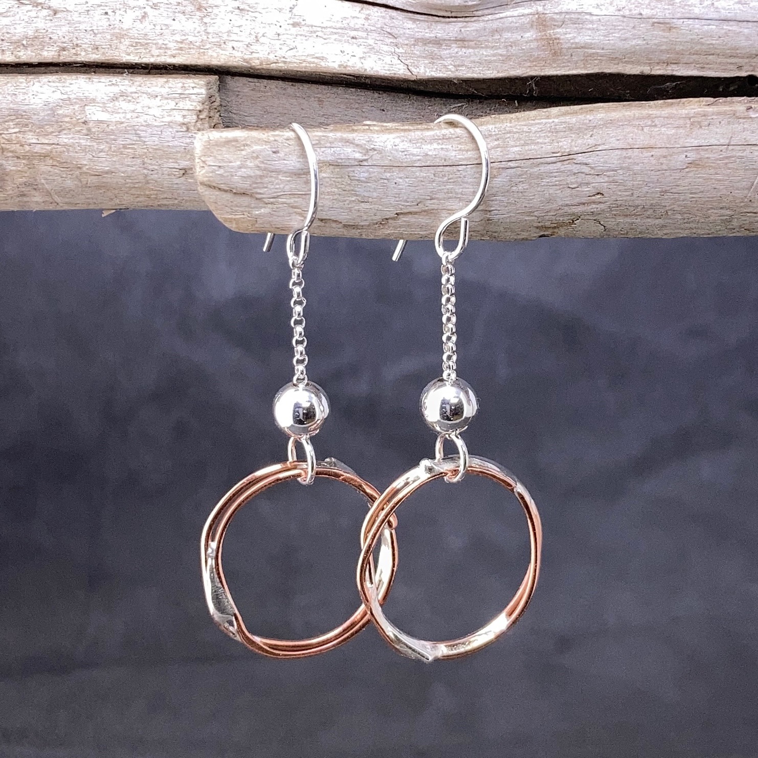 copper freeform circle earrings - with chain