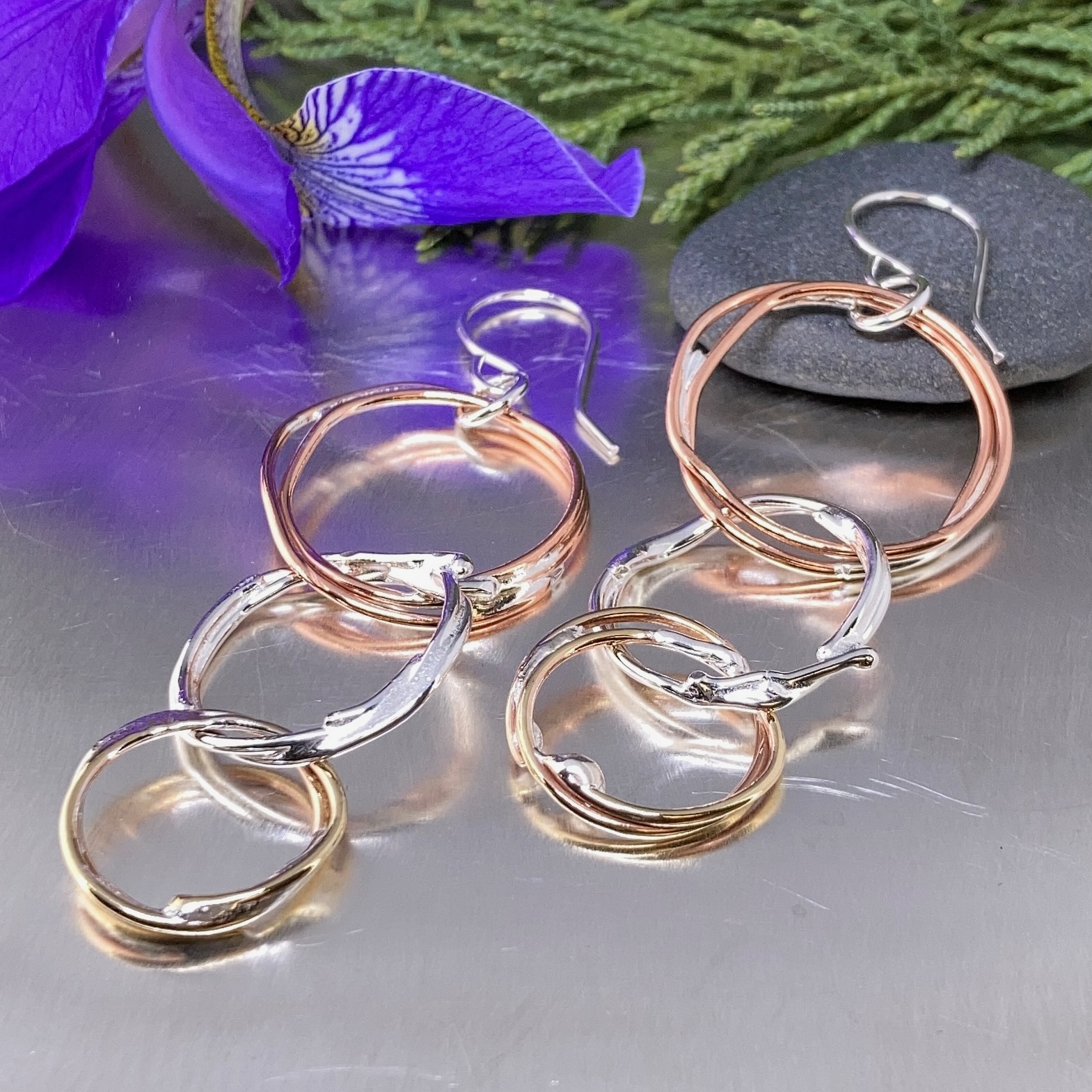 copper, brass, Argentium silver freeform circle earrings - small
