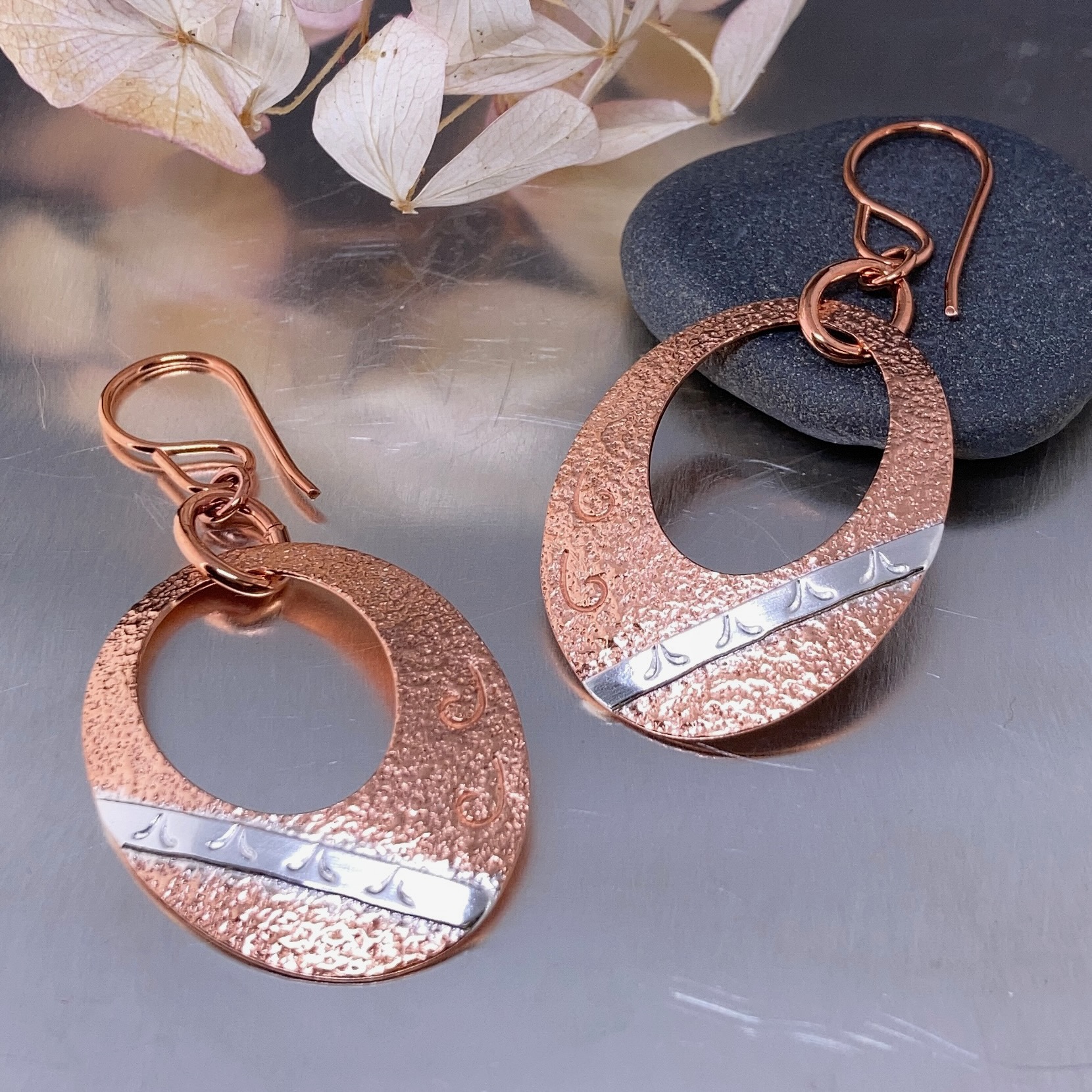 copper, Argentium silver - oval earrings
