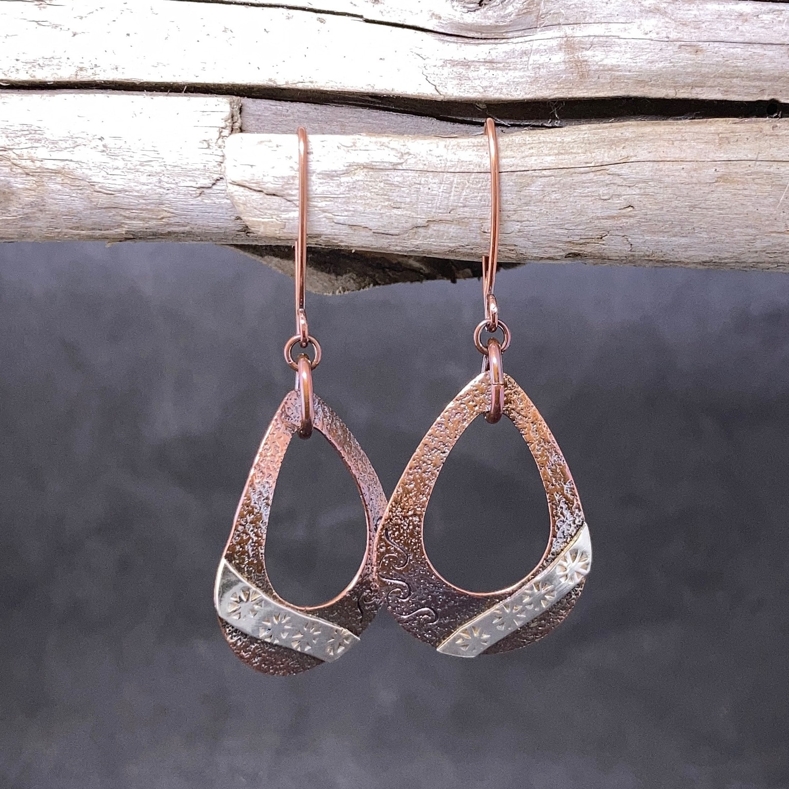 copper, Argentium silver - teardrop earrings - antique - Image 3