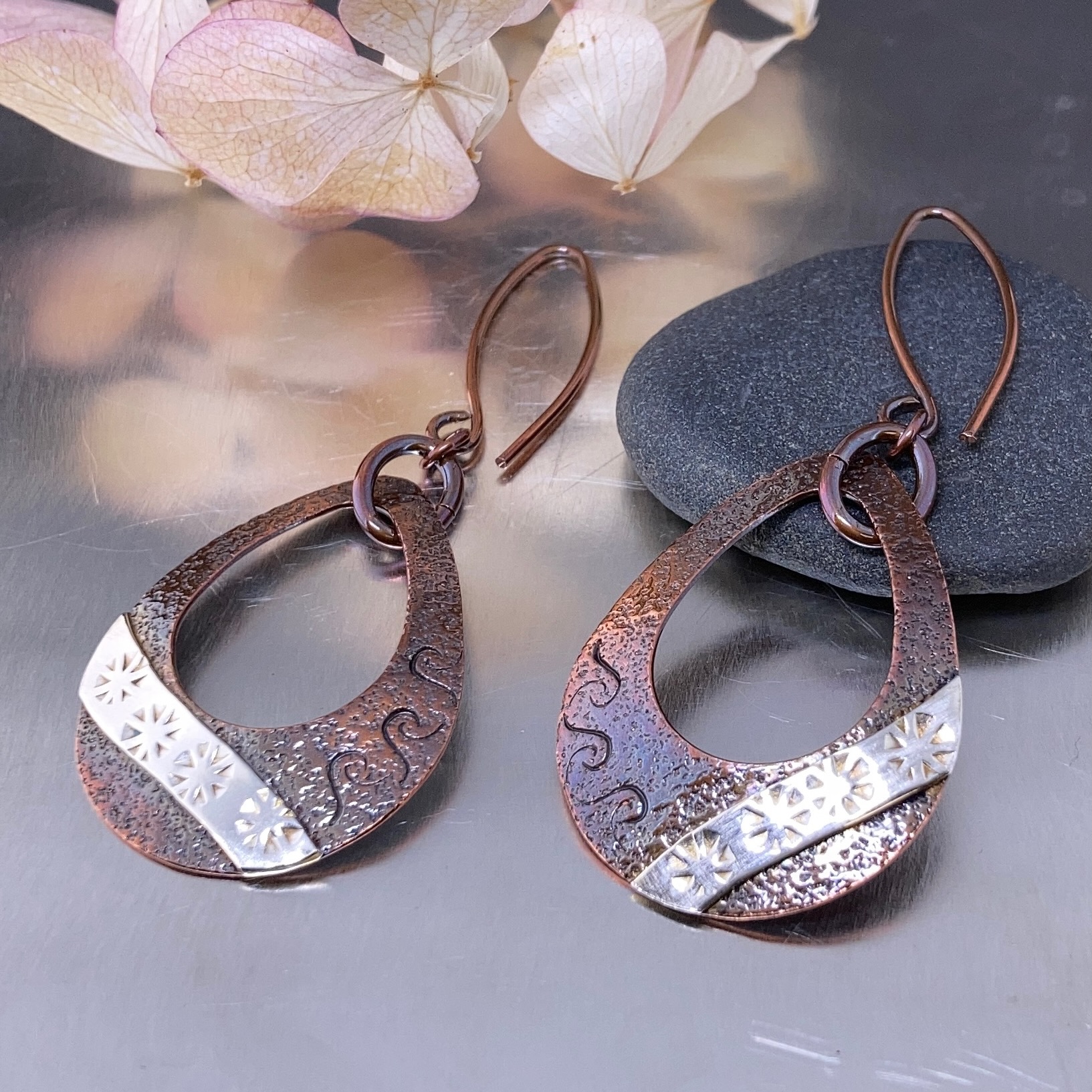 copper, Argentium silver - teardrop earrings - antique