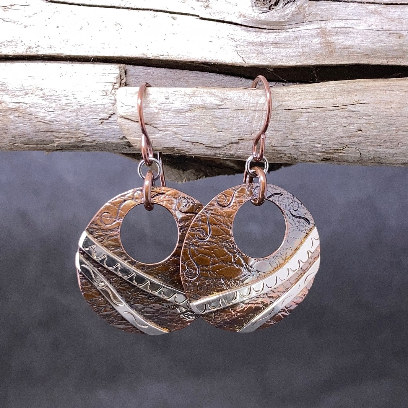 copper, Argentium silver - round earrings - antique - Image 2