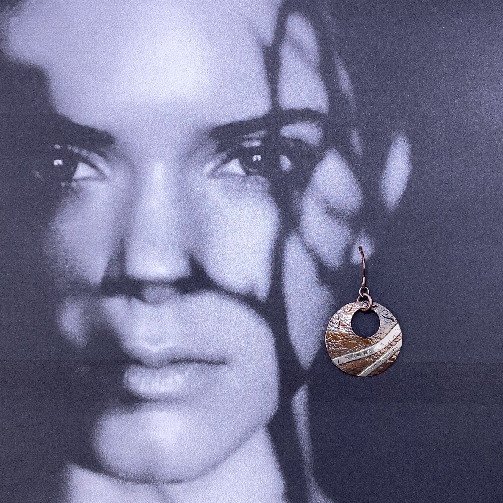 copper, Argentium silver - round earrings - antique - Image 3