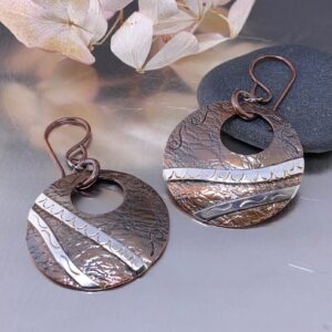 copper, Argentium silver - round earrings - antique