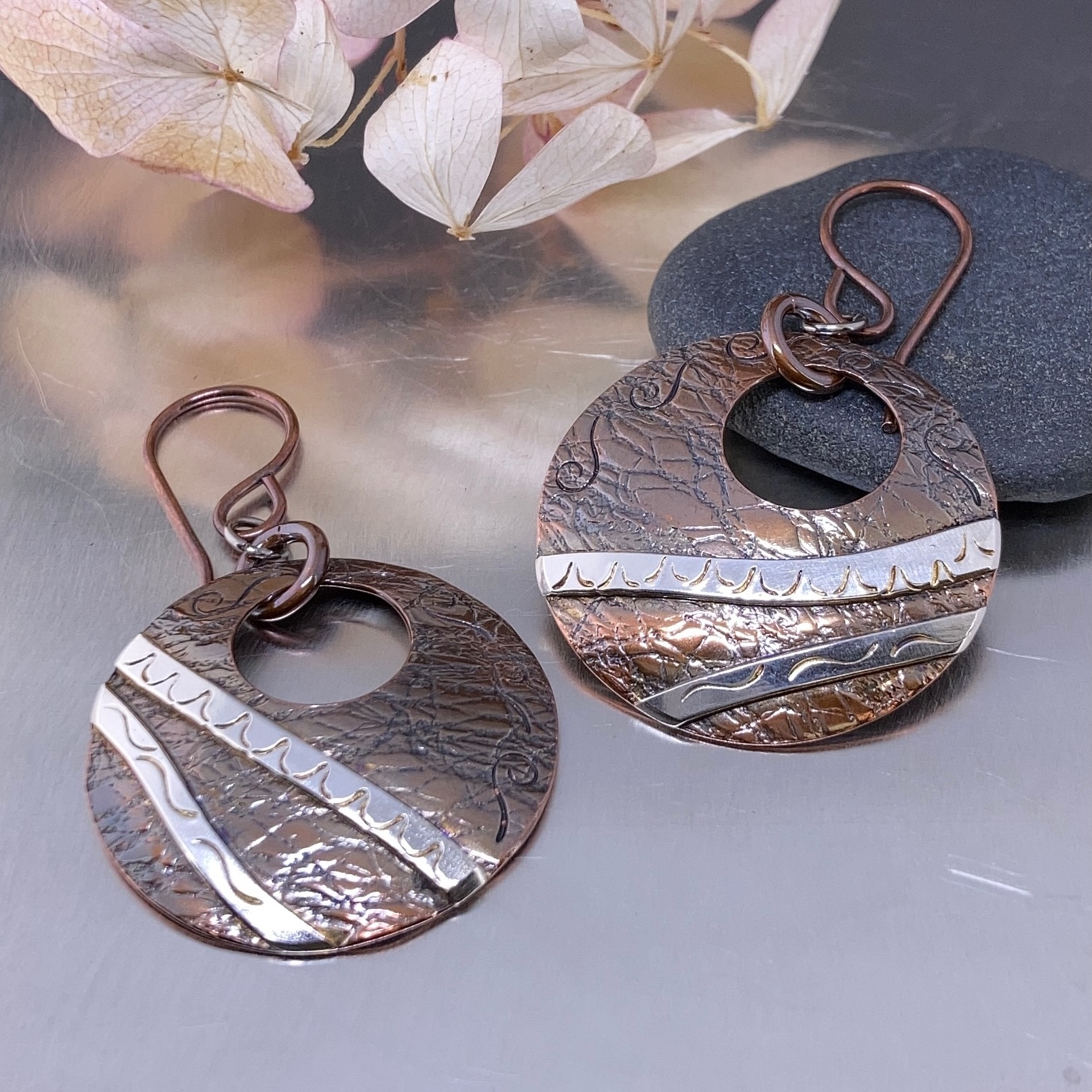 copper, Argentium silver - round earrings - antique
