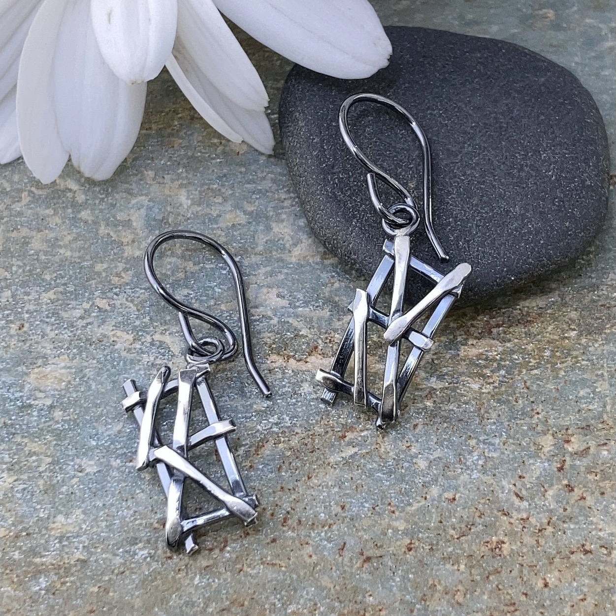 twig earrings - rectangle - antique Argentium silver