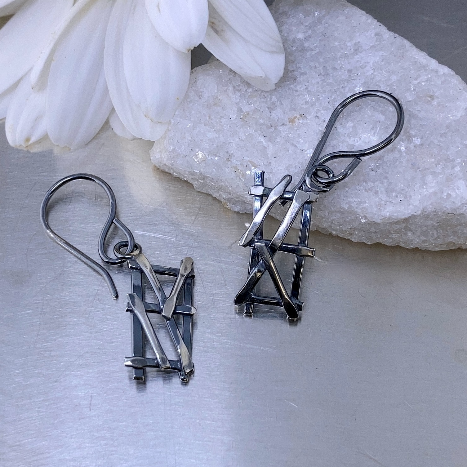 twig earrings - rectangle - antique Argentium silver - Image 2