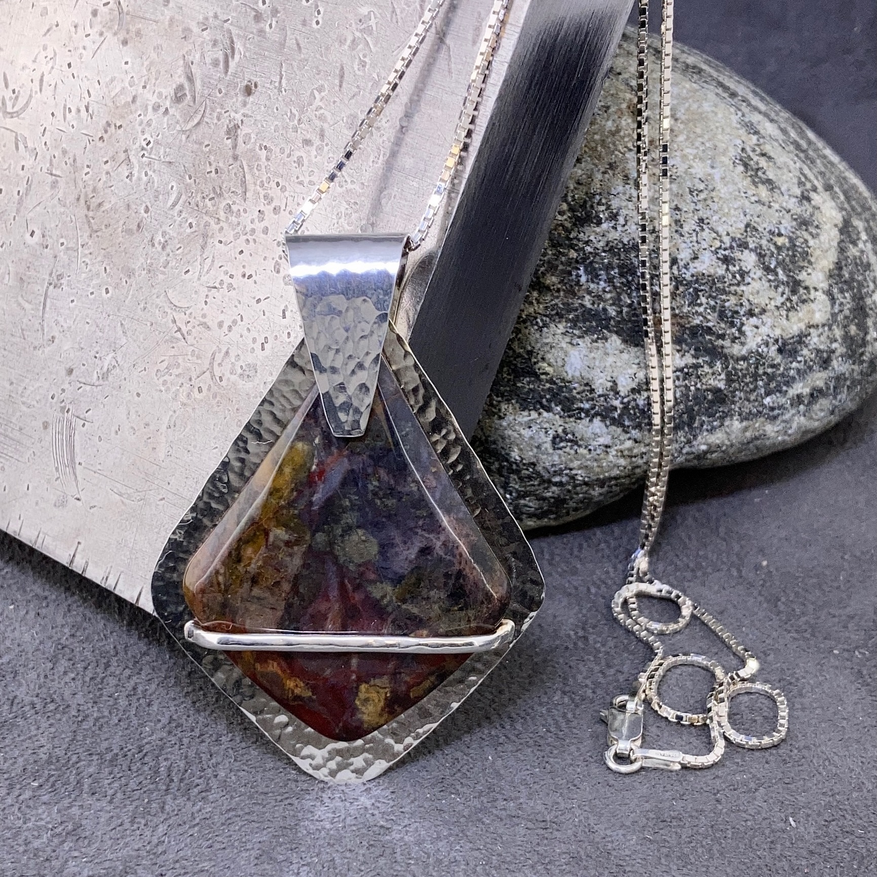 Pietersite Pendant – Argentium Silver Diamond Shaped - Image 2