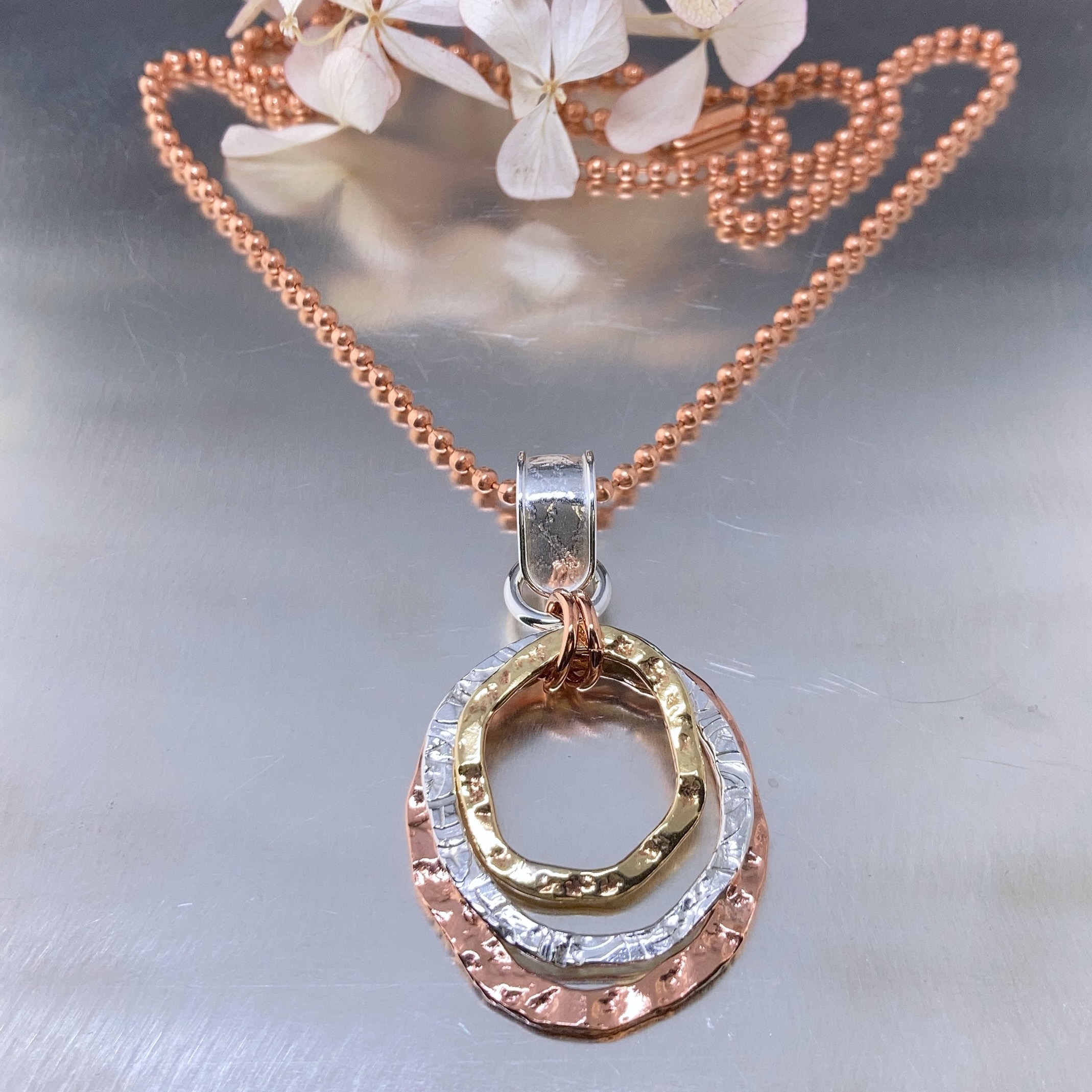 copper, brass, Argentium silver freeform circle pendant - Image 4