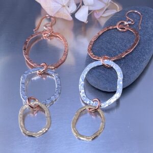copper, brass, Argentium silver freeform circle earrings - long