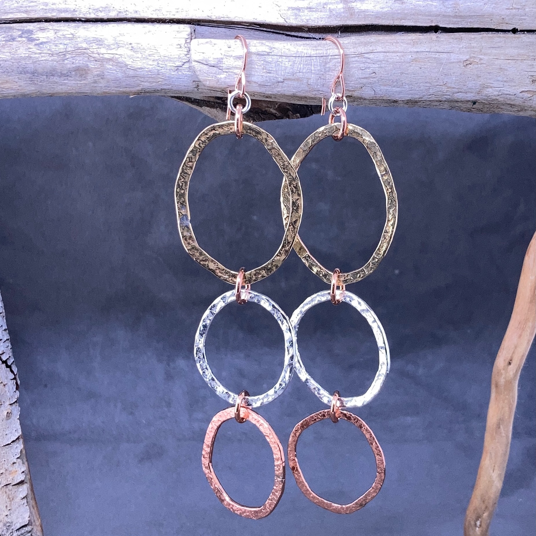 copper, brass, Argentium silver freeform circle earrings - long - Image 3