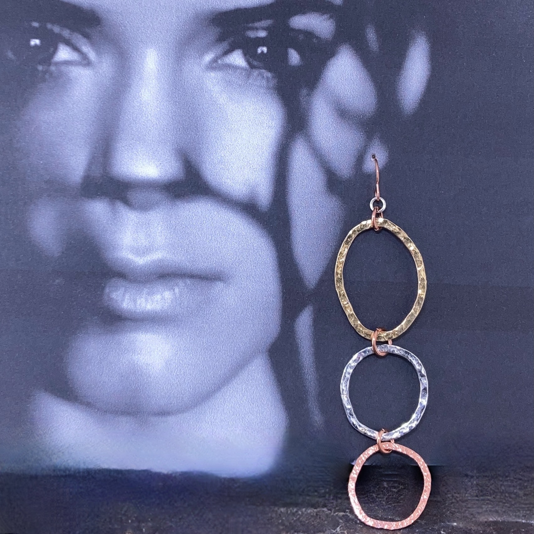 copper, brass, Argentium silver freeform circle earrings - long - Image 2