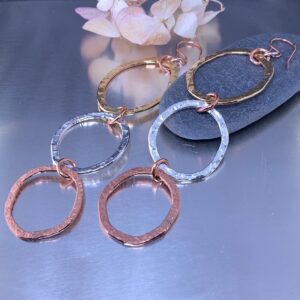 copper, brass, Argentium silver freeform circle earrings - long