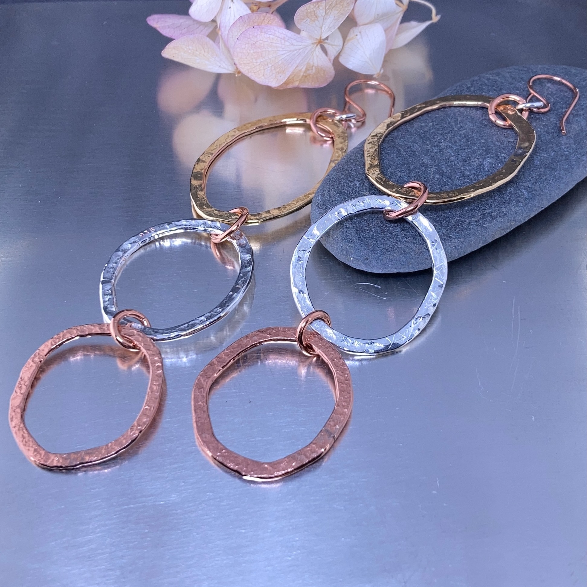copper, brass, Argentium silver freeform circle earrings - long