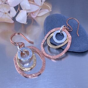 copper, brass, Argentium silver freeform circle earrings - stacked