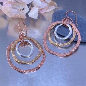 copper, brass, Argentium silver freeform circle earrings - stacked