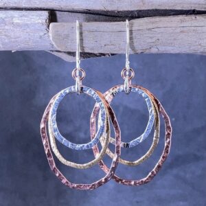 copper, brass, Argentium silver freeform circle earrings - stacked