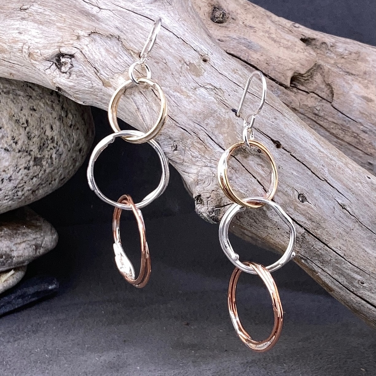 copper, brass, Argentium silver freeform circle earrings - small - Image 3