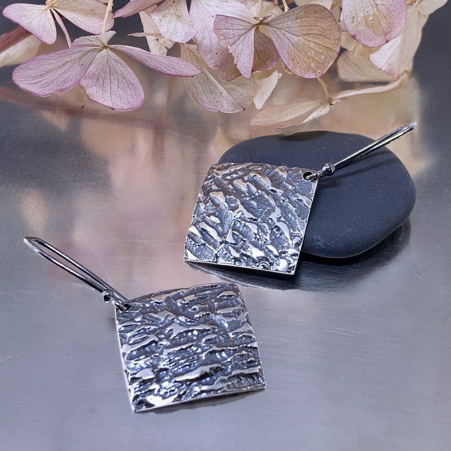 lunar earrings - large diamond - antique Argentium silver - Image 3