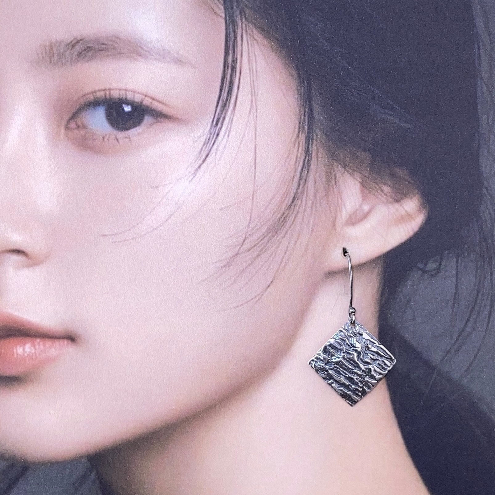 lunar earrings - large diamond - antique Argentium silver - Image 2