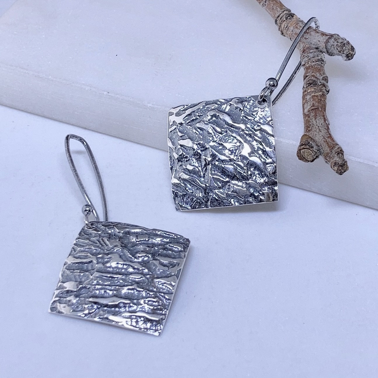 lunar earrings - large diamond - antique Argentium silver