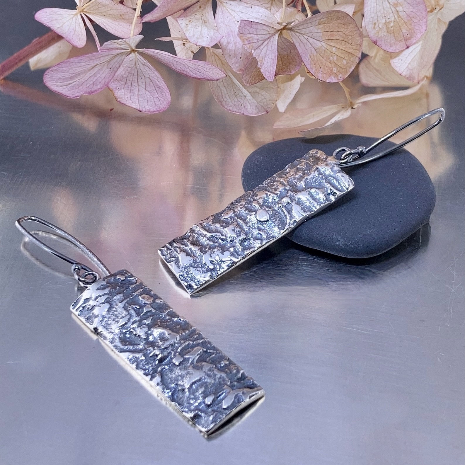 lunar earrings - rectangle - antique Argentium silver