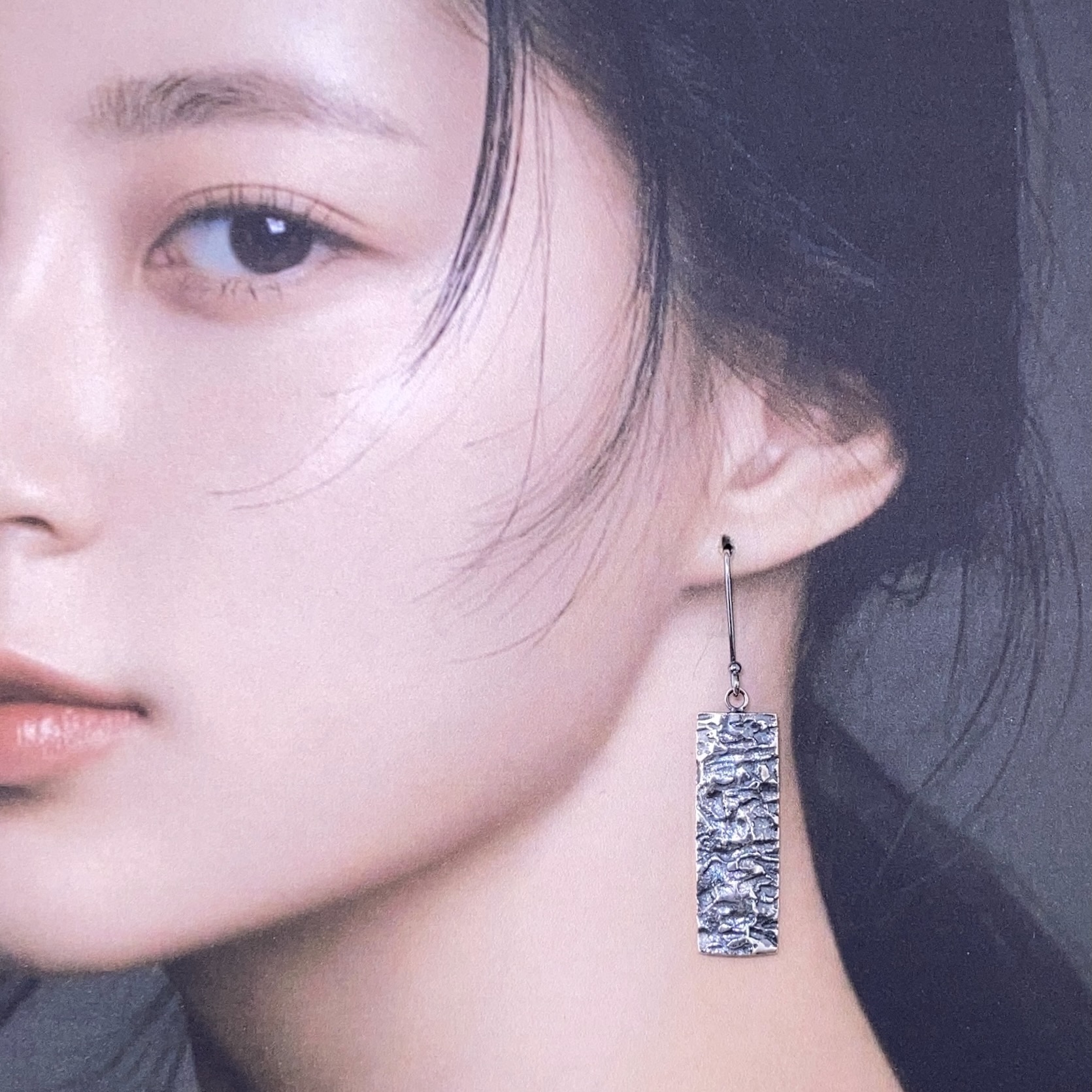 lunar earrings - rectangle - antique Argentium silver - Image 2