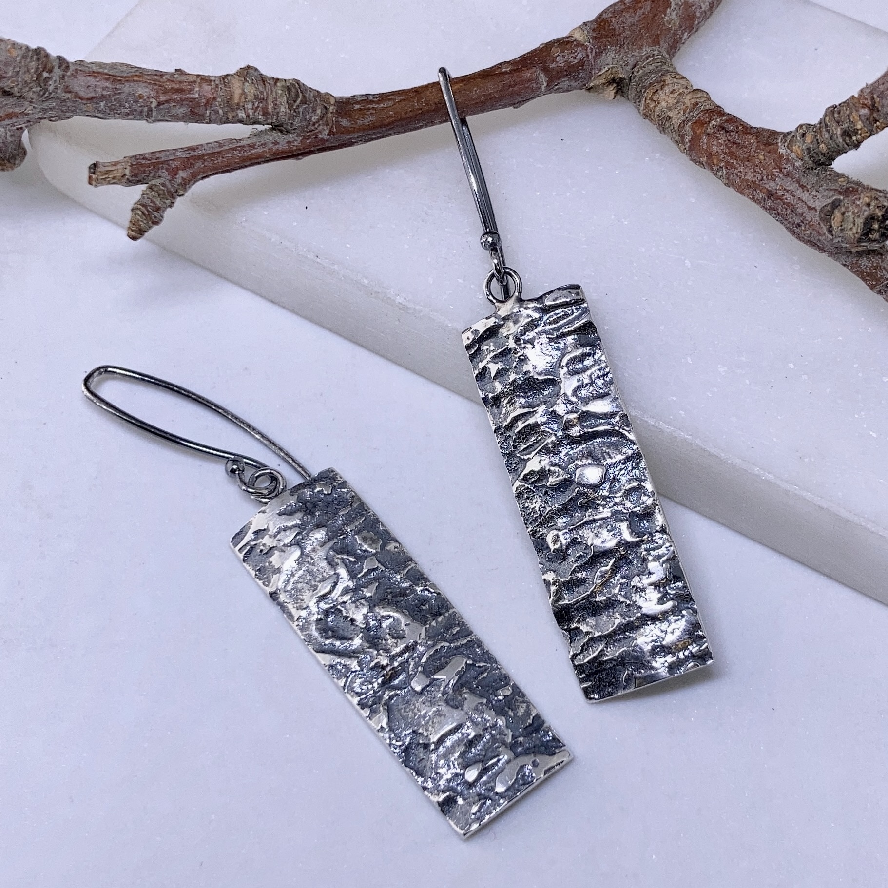 lunar earrings - rectangle - antique Argentium silver - Image 4