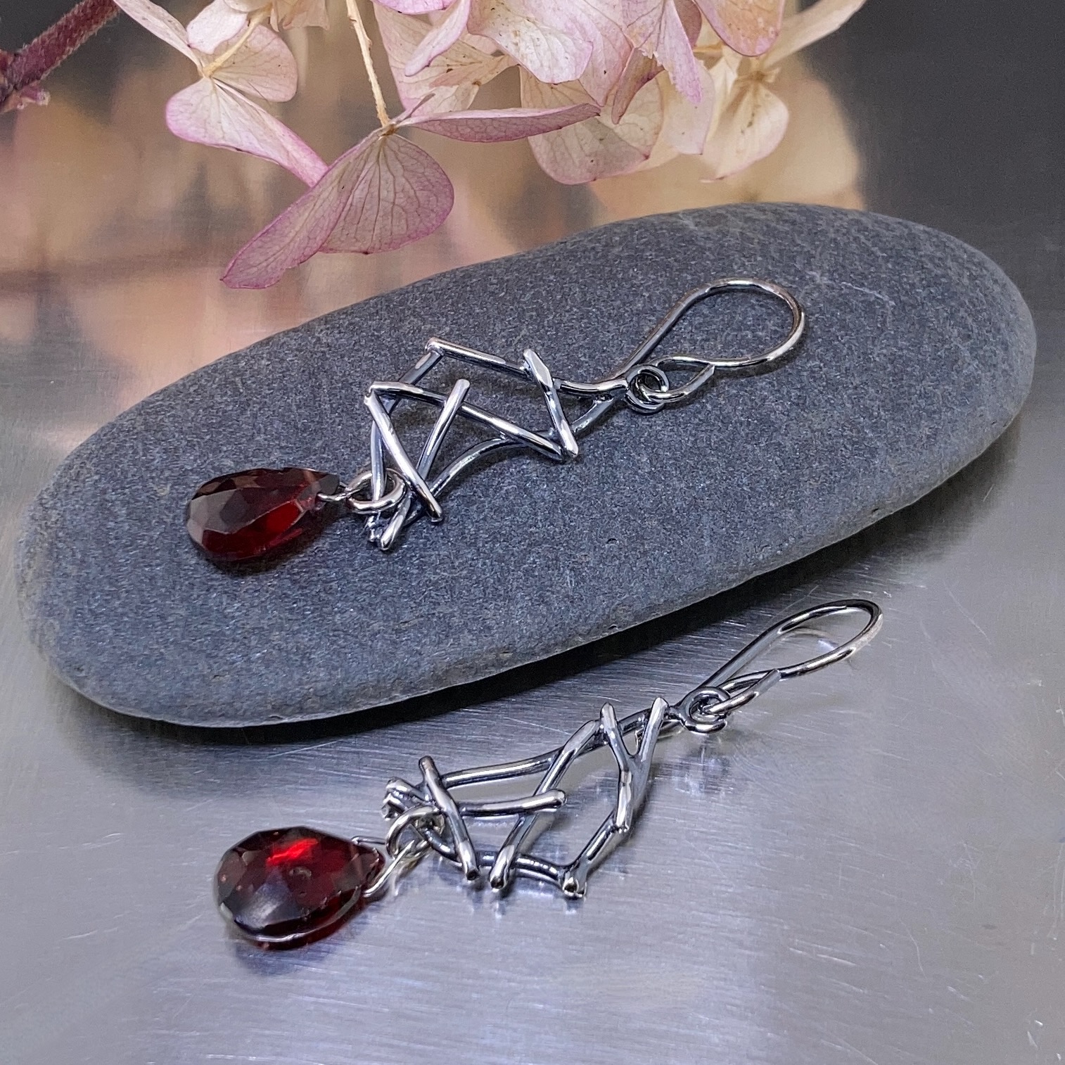 garnet earrings - twigs - antique Argentium silver