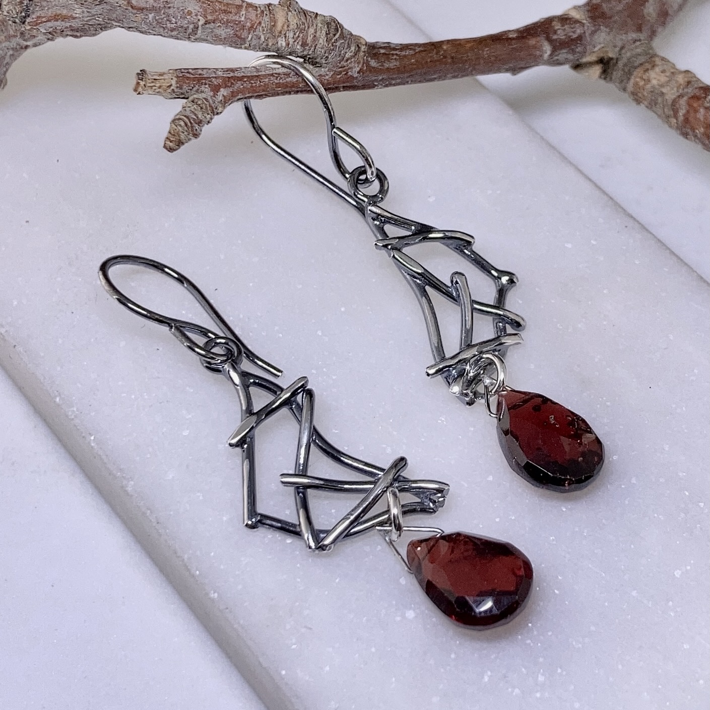 garnet earrings - twigs - antique Argentium silver - Image 3
