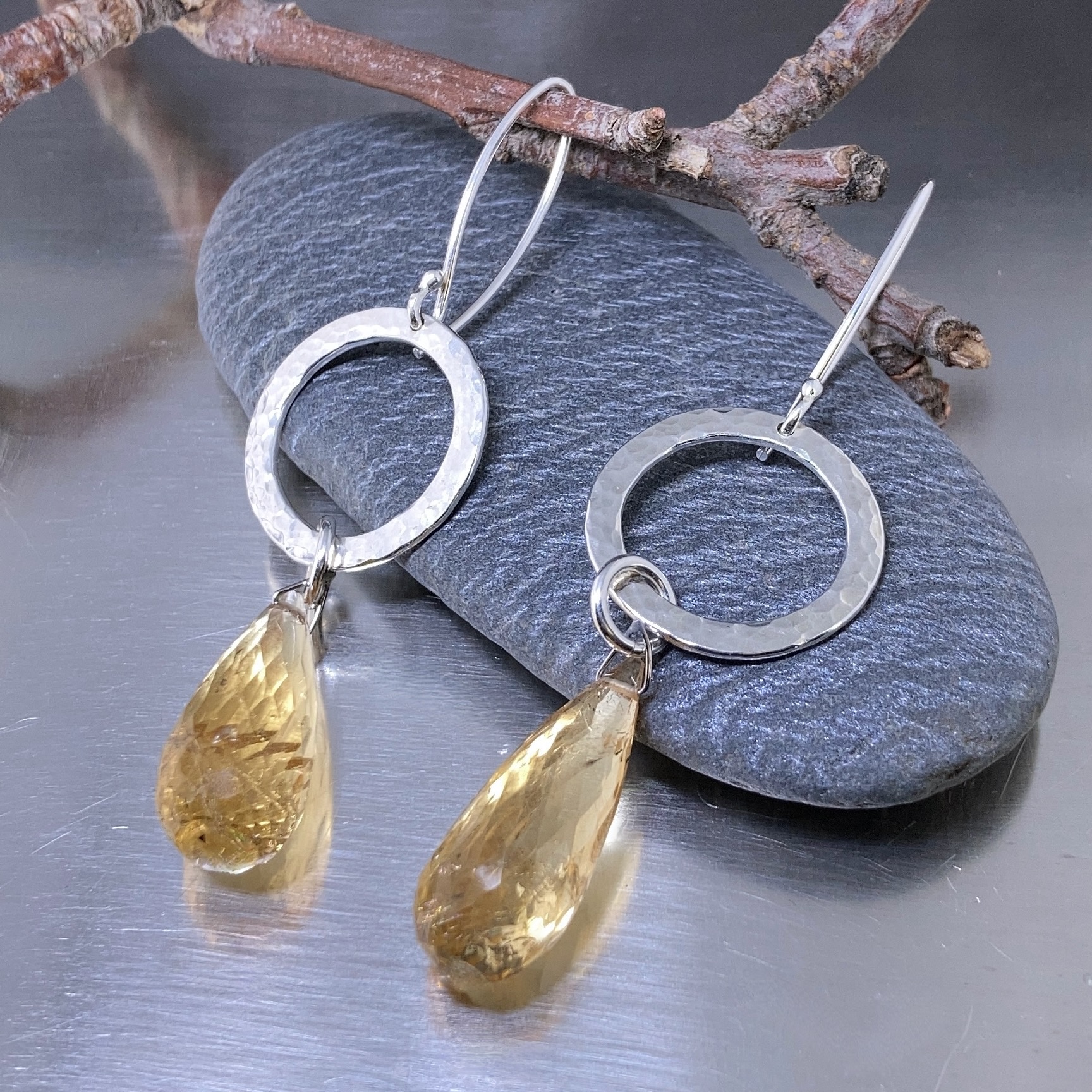 citrine earrings - hammered sun - Argentium silver