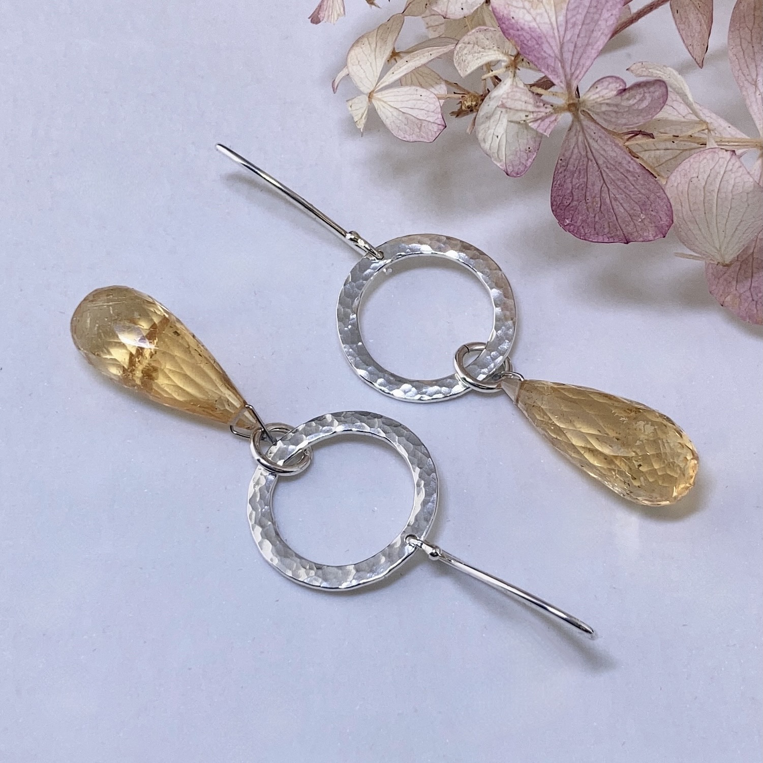 citrine earrings - hammered sun - Argentium silver - Image 4