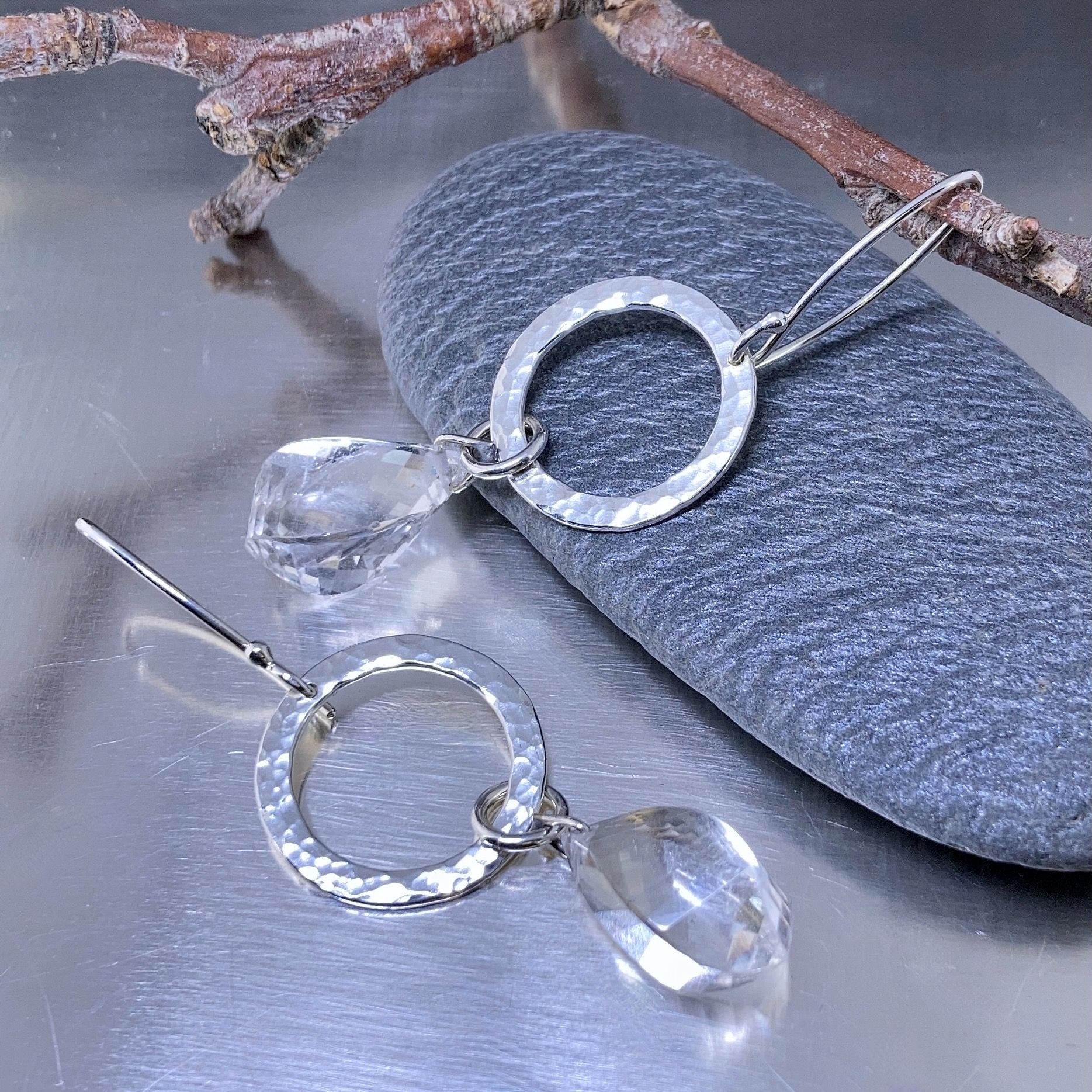 quartz earrings - hammered sun - Argentium silver - Image 3