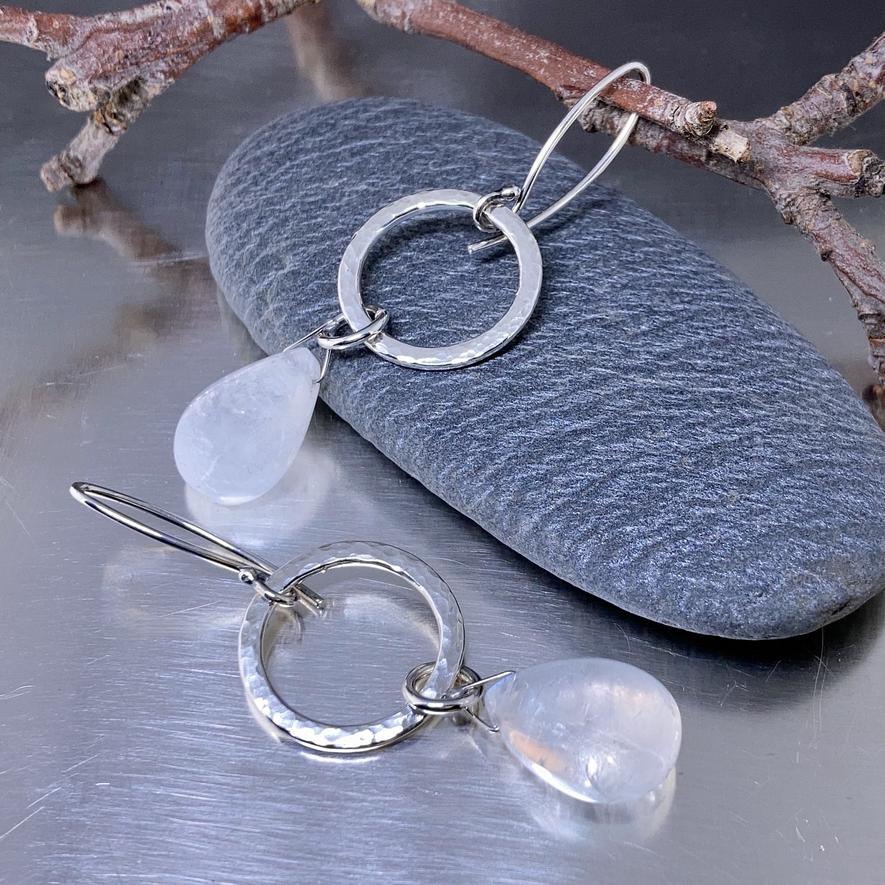 moonstone earrings - hammered sun - Argentium silver