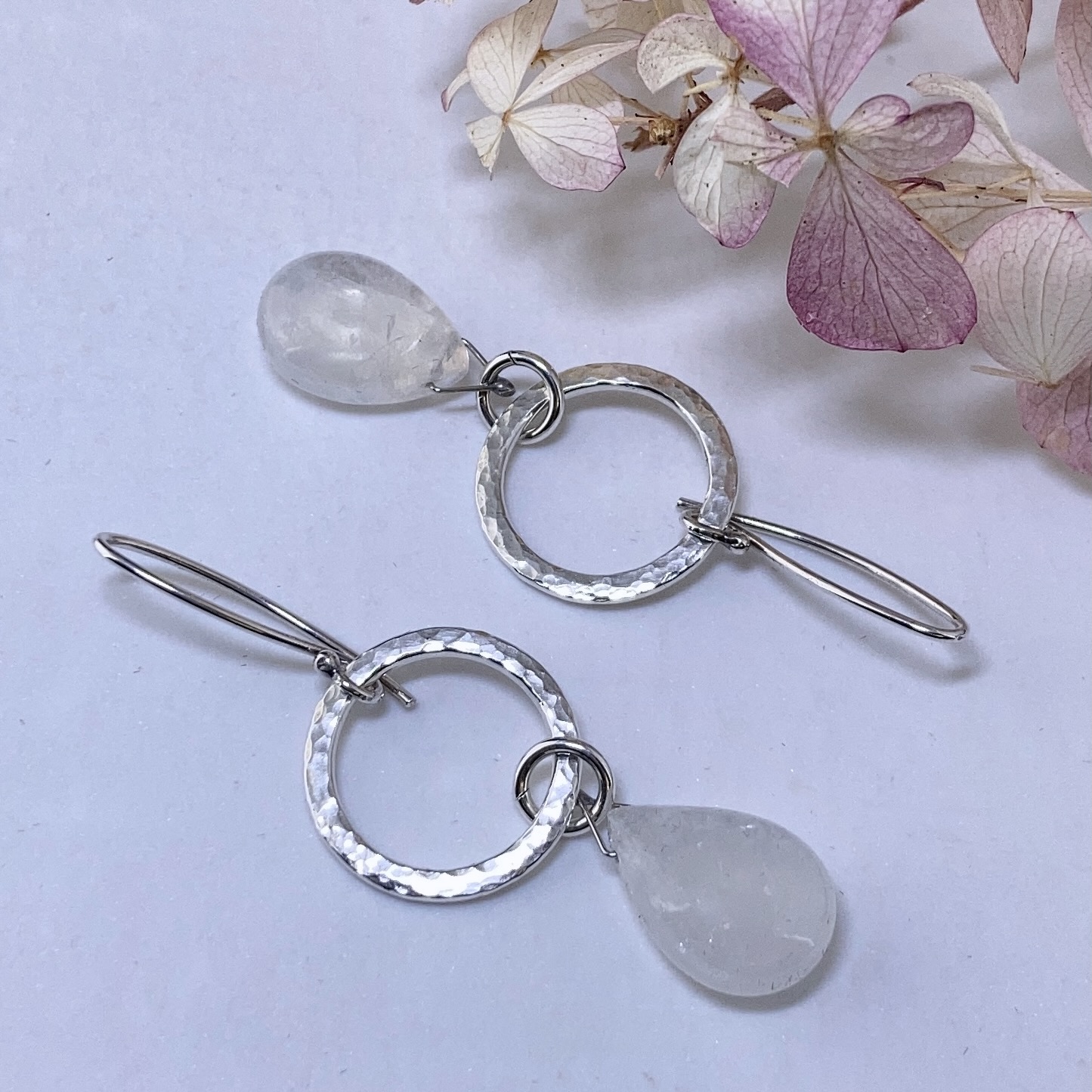 moonstone earrings - hammered sun - Argentium silver - Image 2