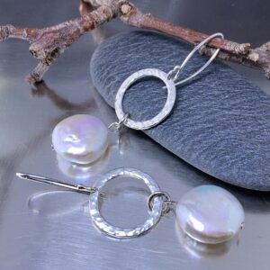 pearl earrings - hammered sun - Argentium silver