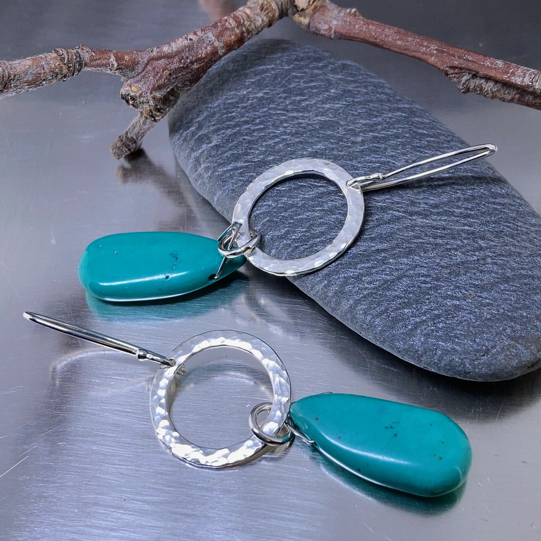 turquoise earrings - hammered sun - Argentium silver - Image 4