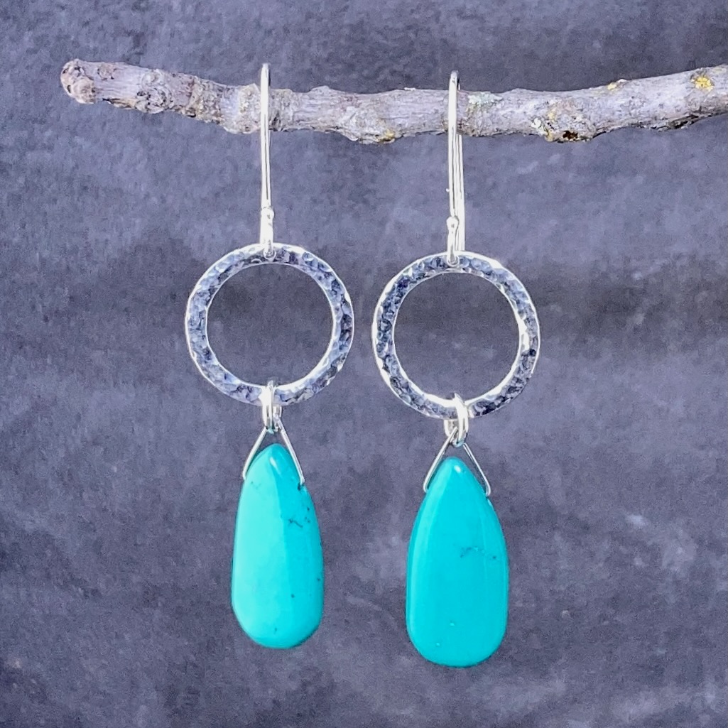 turquoise earrings - hammered sun - Argentium silver