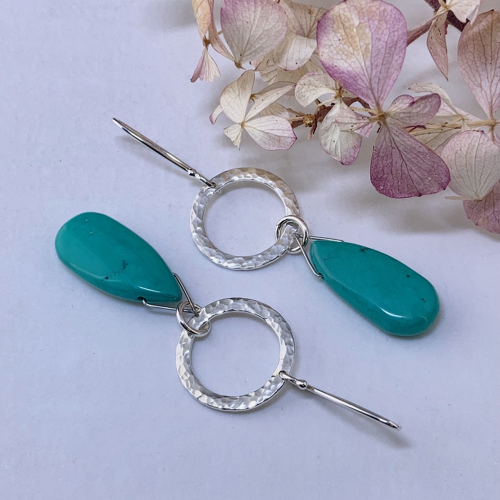 turquoise earrings - hammered sun - Argentium silver - Image 3