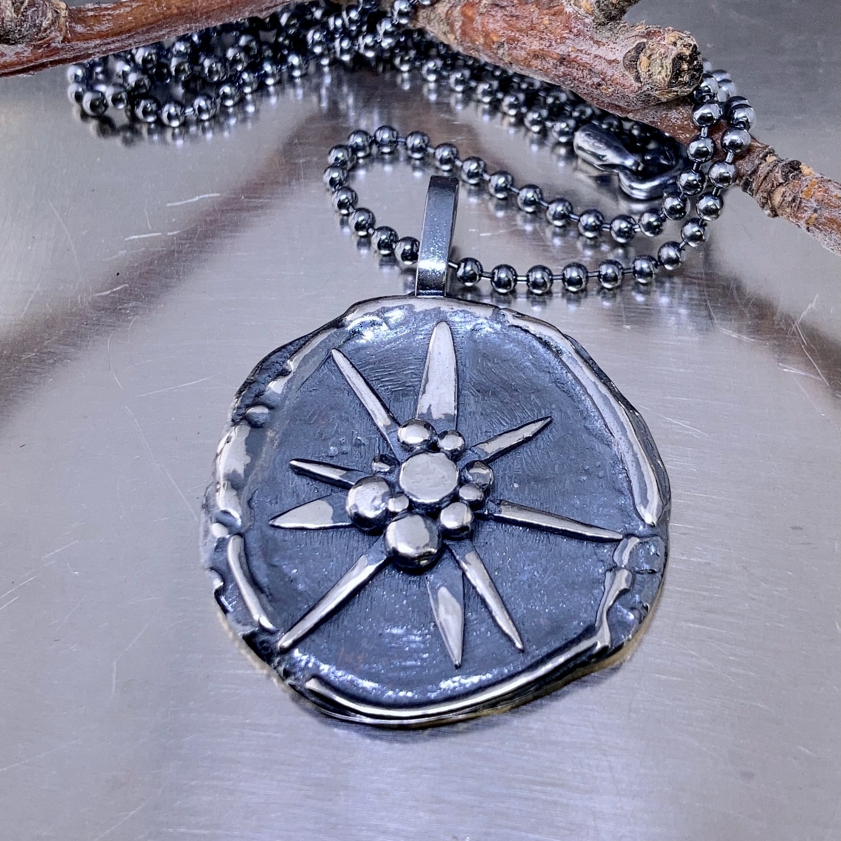 Edelweiss pendant - Argentium silver wax seal - antique