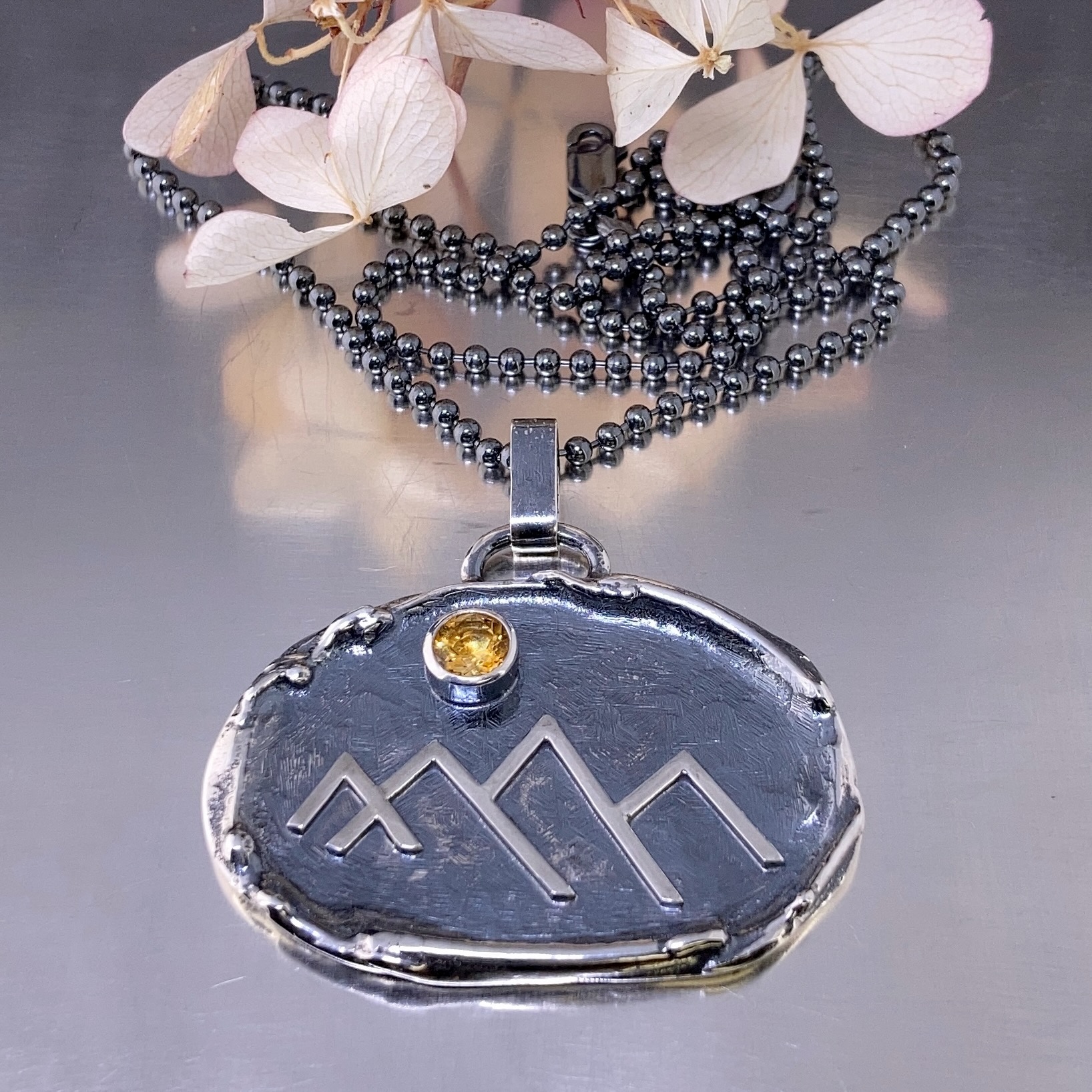 citrine pendant - Argentium silver mountain wax seal - antique