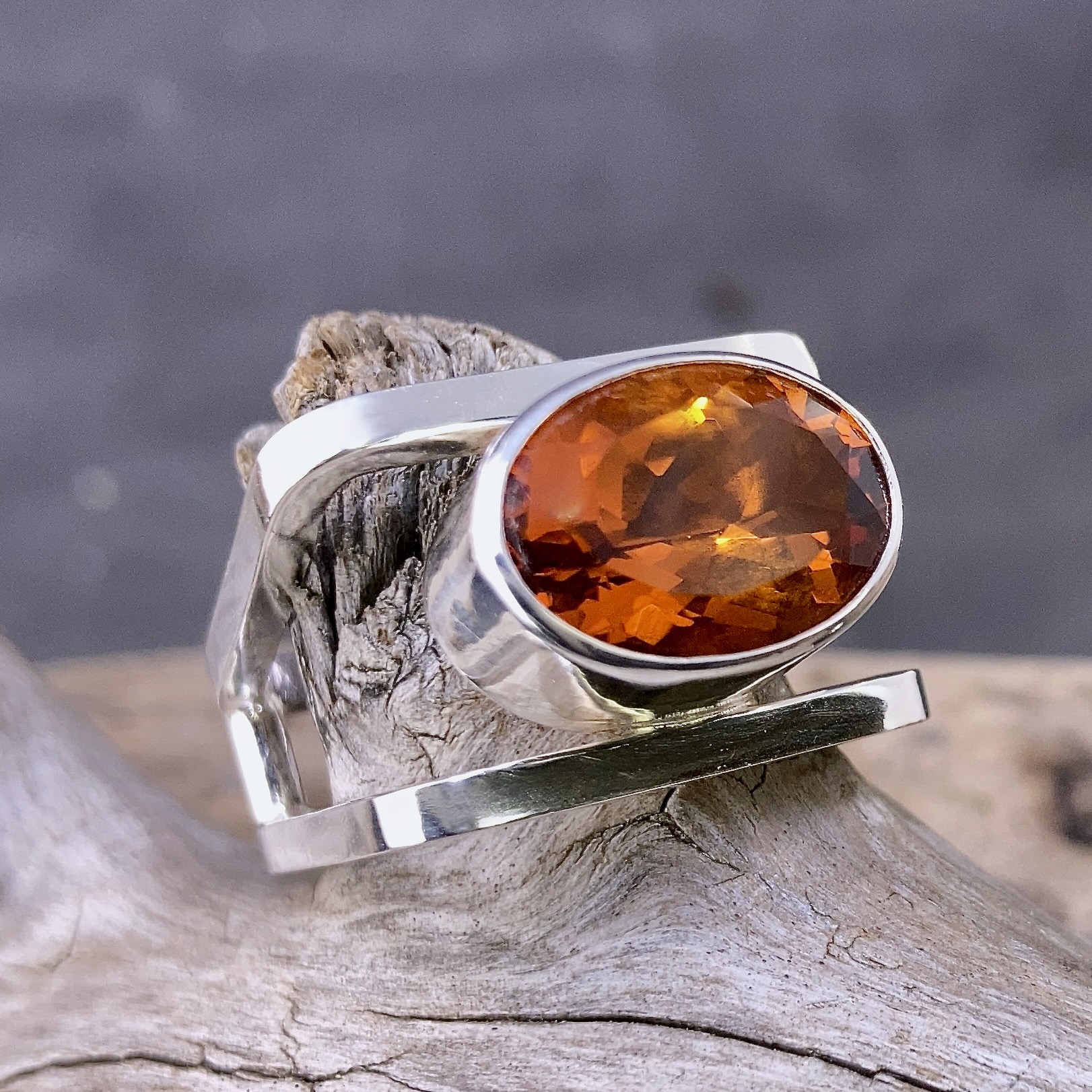 citrine ring - size 8 - Arg. Silver - 7.5 carat - sqaure double-band - Image 2