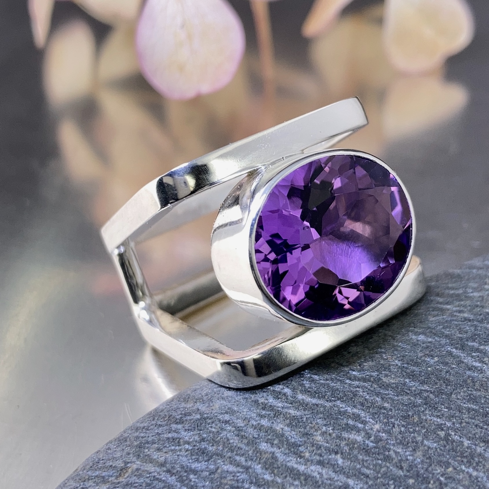 Amethyst Ring – Size 7.75 – Argentium Silver Square Double-Band – 6.5 Carat