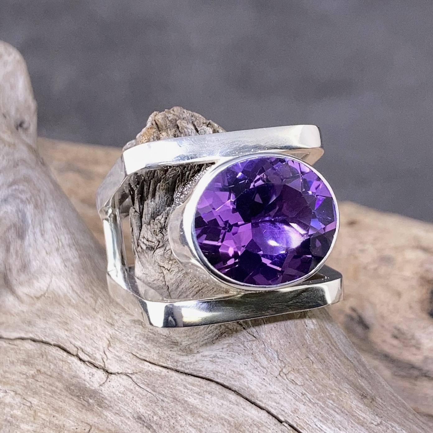 Amethyst Ring – Size 7.75 – Argentium Silver Square Double-Band – 6.5 Carat - Image 2