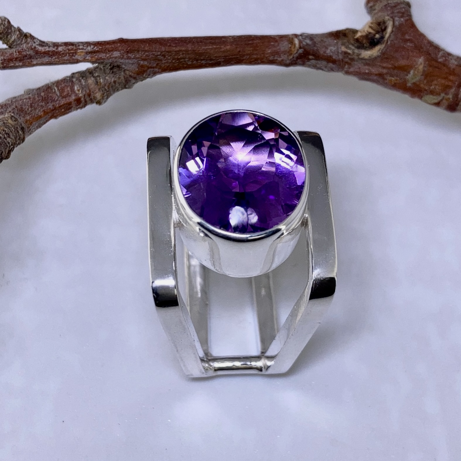 Amethyst Ring – Size 7.75 – Argentium Silver Square Double-Band – 6.5 Carat - Image 4