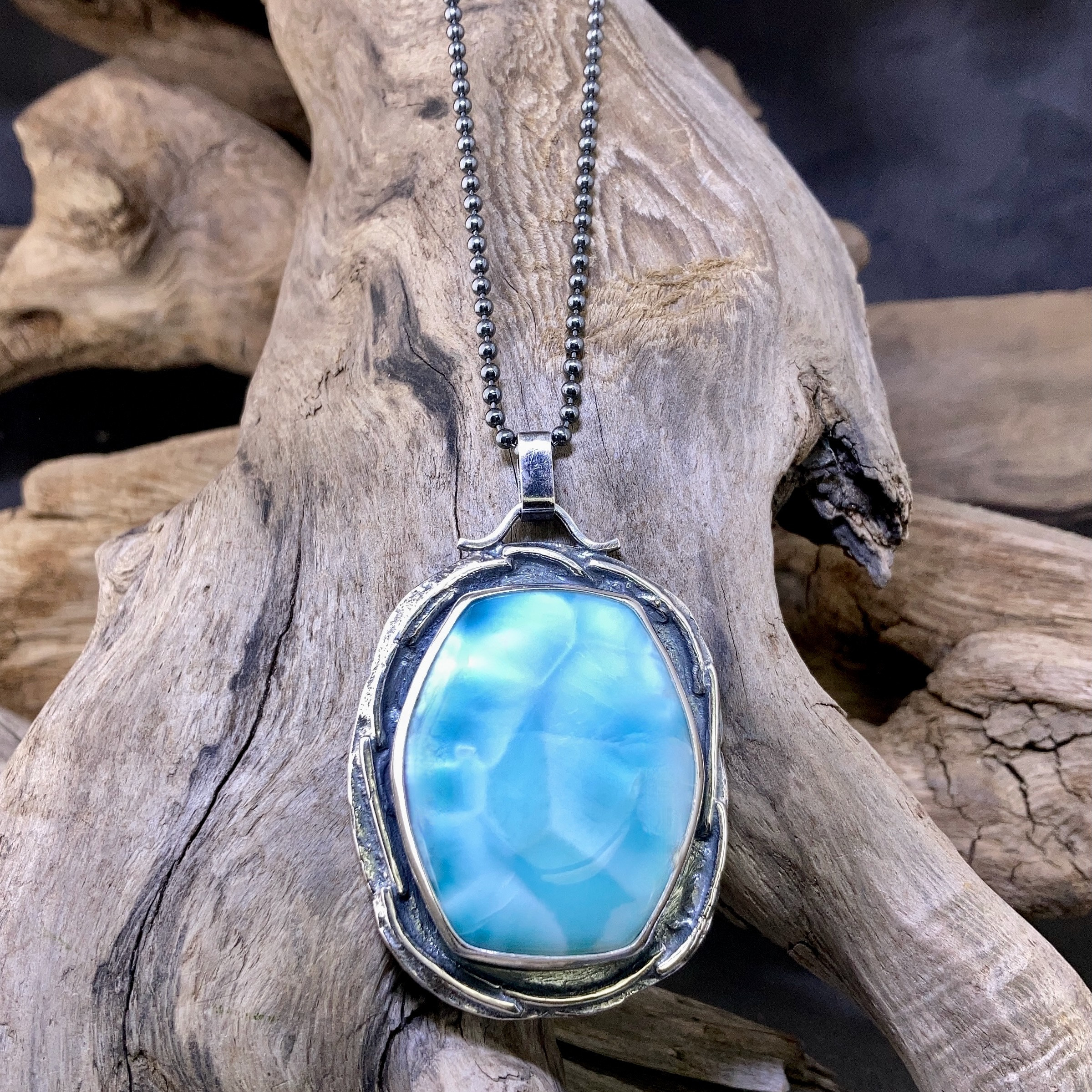 larimar pendant - Argentium silver wax seal - antique - Image 3