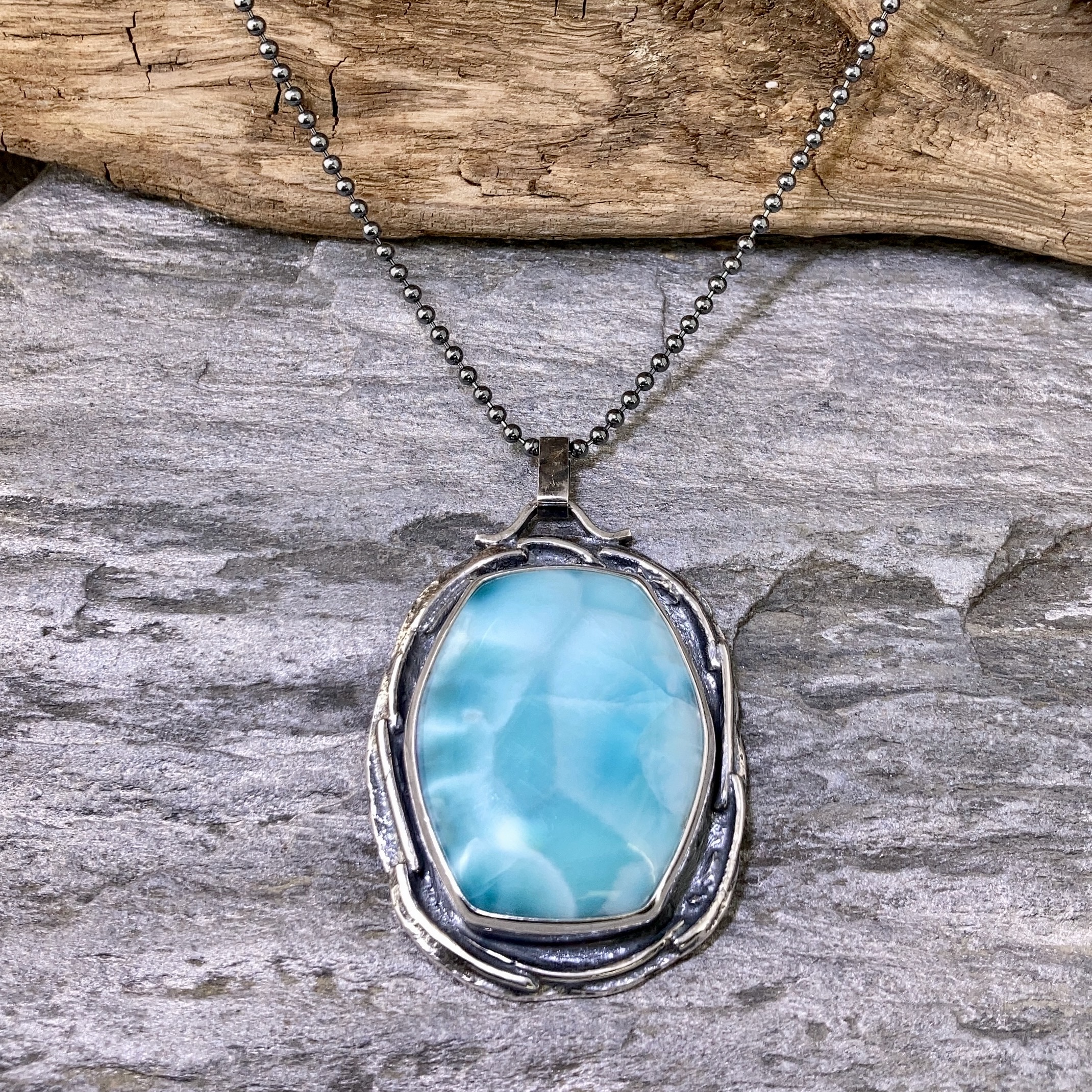 larimar pendant - Argentium silver wax seal - antique - Image 2